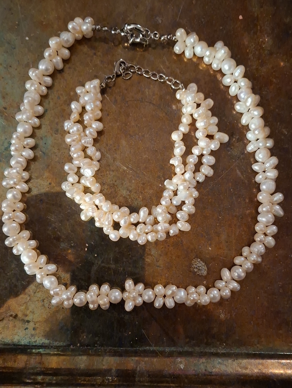 multi-strand freshwater cultured baroque pearl necklace and matching bracelet